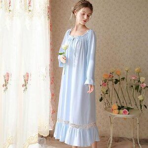 Full Length Victorian Nightgown Lace Trim Long Sleeve